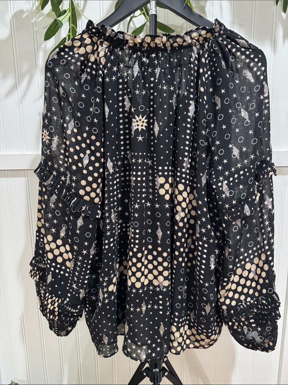 #534 Anthropologie CURRENT AIR Black Celestial Patterned Ruffle Sleeve Blouse - Picture 10 of 11